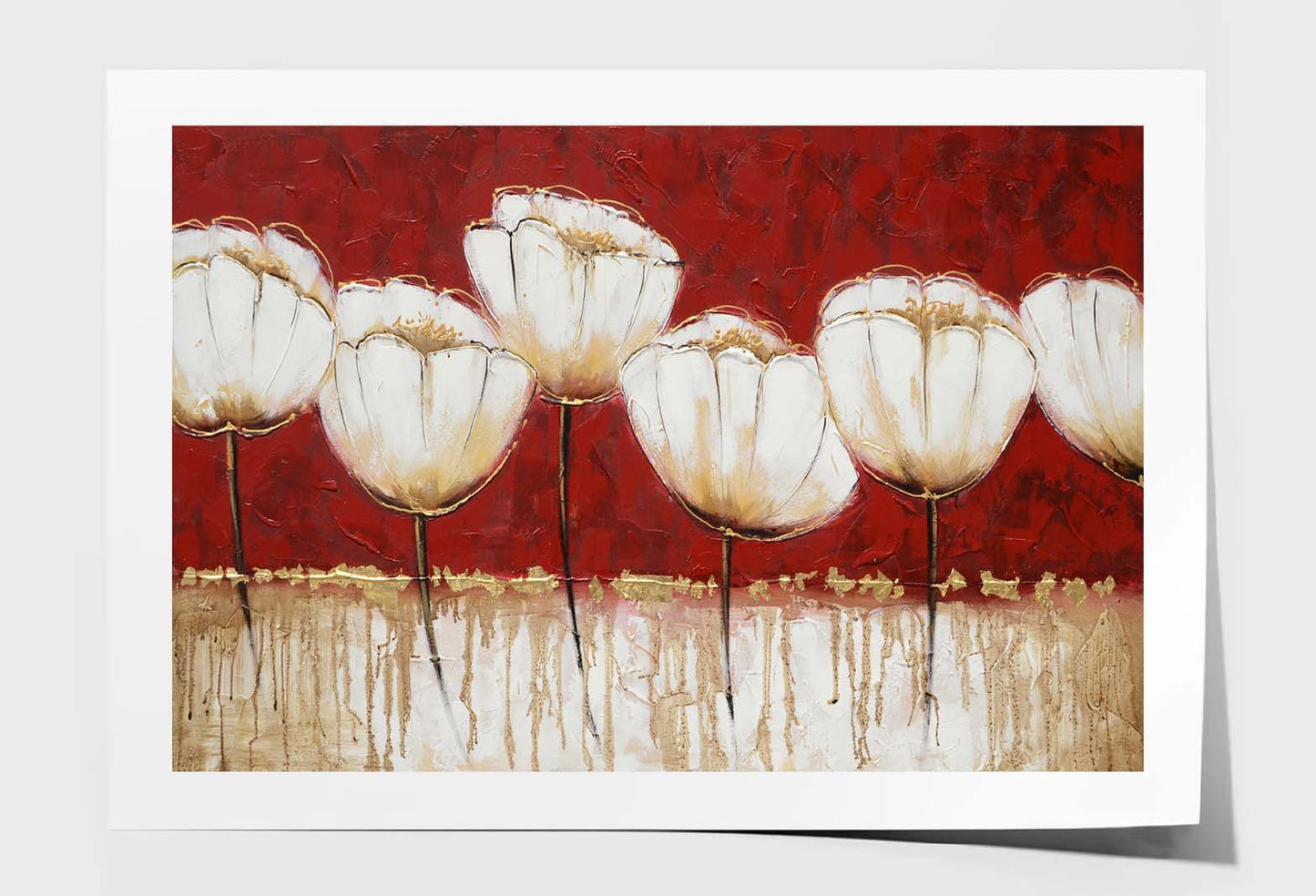 White Flowers, Red Texture Oil Paint Wall Art Limited Edition High Quality Print