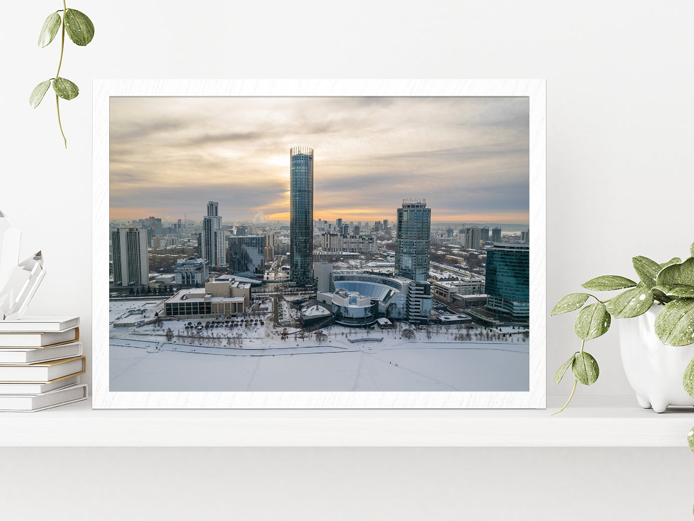 Yekaterinburg Cityscape In Winter Glass Framed Wall Art, Ready to Hang Quality Print Without White Border White