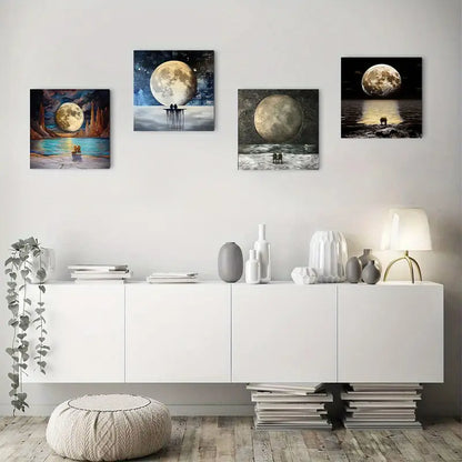 4pcs Animal Resting Elephant Look Moon Black Wall Art Canvas Framed