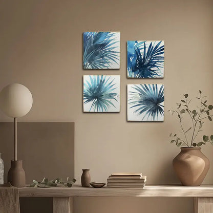4pcs Blue Colour Plam Leaves Wall Art Canvas Framed