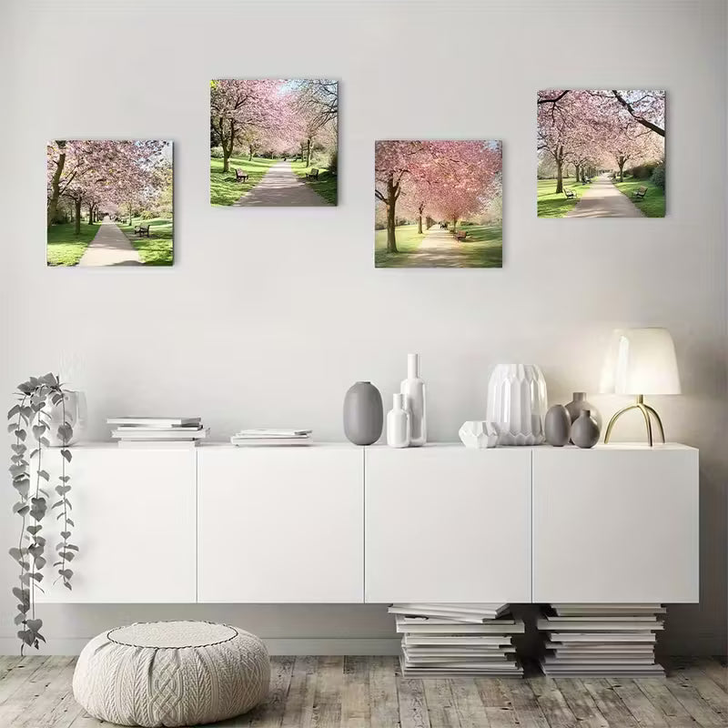 4pcs Pink Cherry Blossom Pathway With Benches  Wall Art Canvas Framed