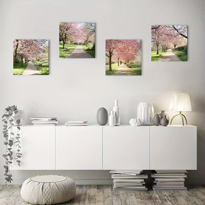 4pcs Pink Cherry Blossom Pathway With Benches  Wall Art Canvas Framed