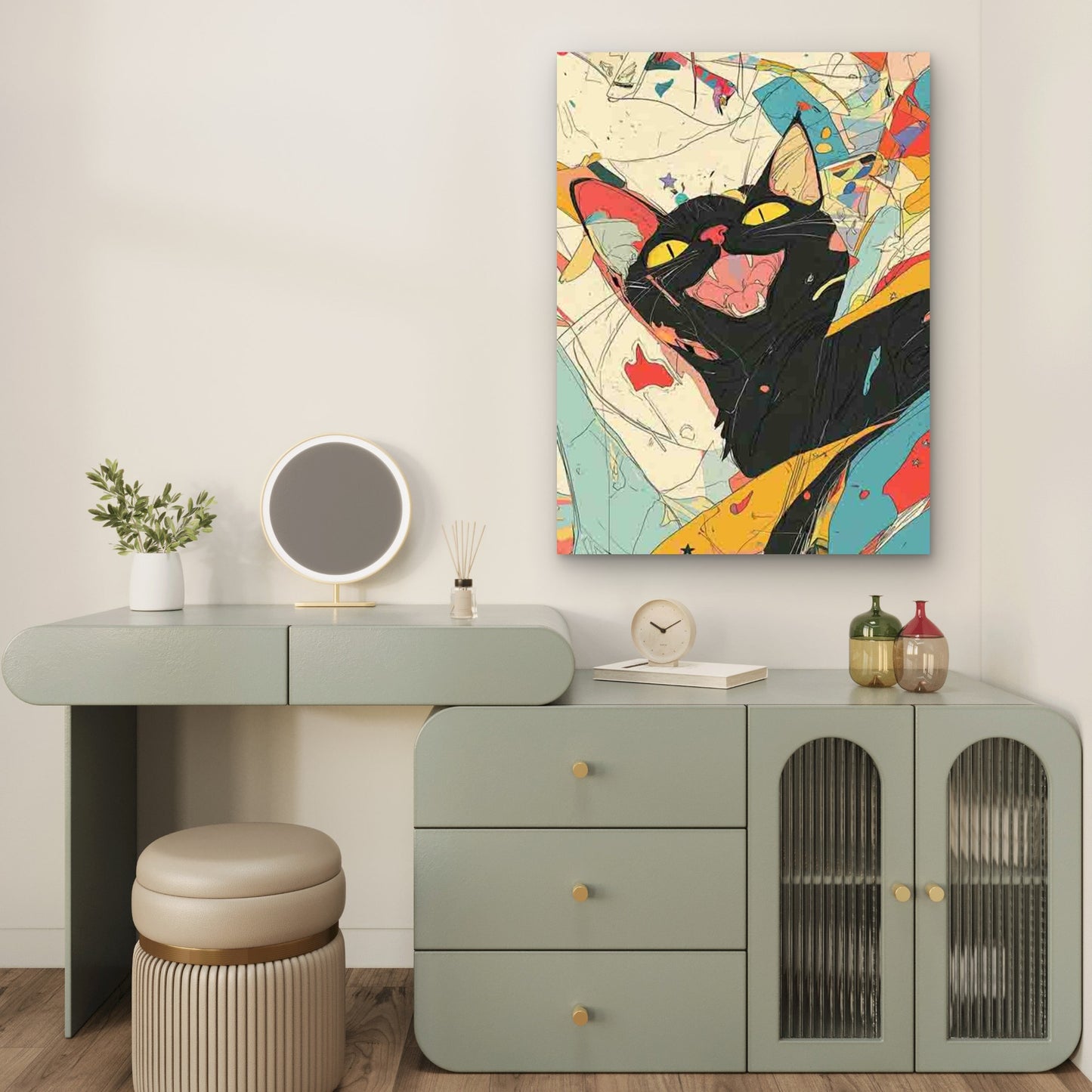 Smiling Black Cat with Yellow Eyes, Retro 60x90cm Metal Print Ready to Hang - Bella Home Decor