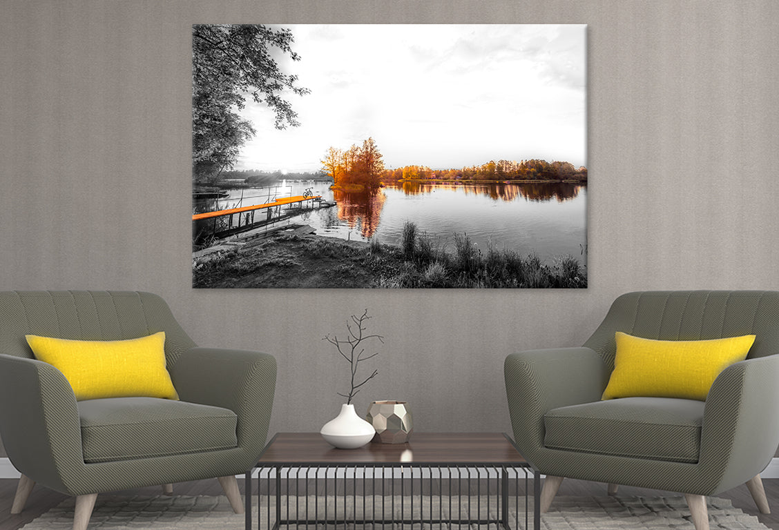 Yellow Pier in lake sunset black and white Stunning Design Print 100% Australian Made