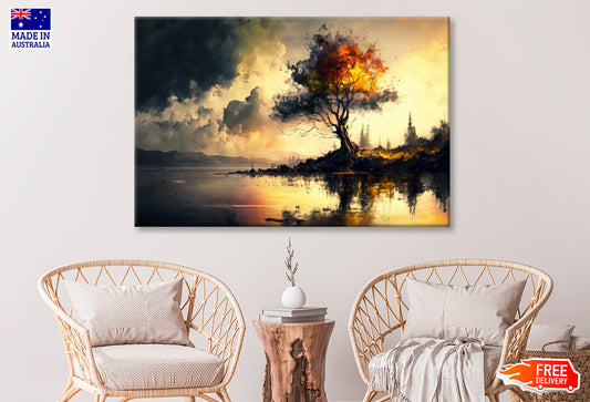 Abstract Tree near Lake Cloudy Sky Oil Painting Wall Art Limited Edition High Quality Print