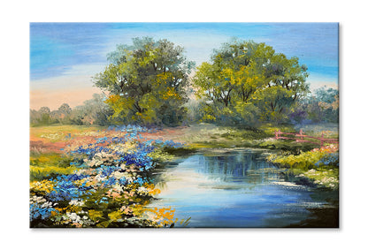 River in the Forest & Colorful Field Oil Painting Wall Art Limited Edition High Quality Print Stretched Canvas None