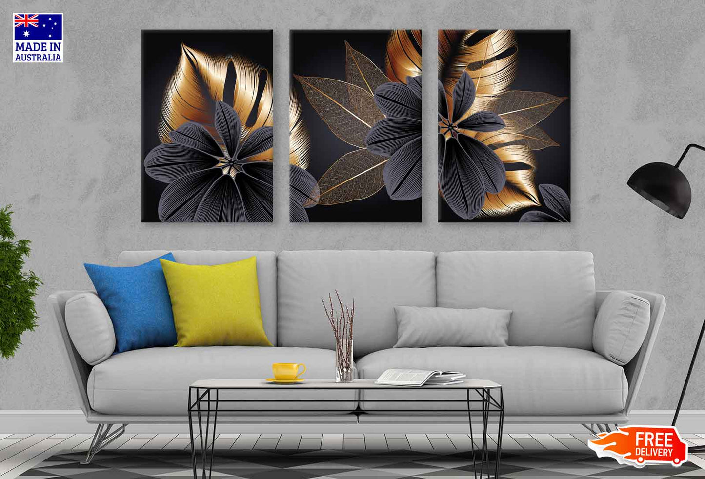 3 Set of Gold Floral Abstract High Quality Print 100% Australian Made Wall Canvas Ready to Hang