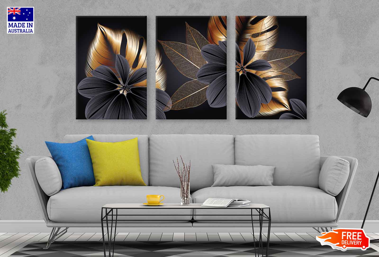 3 Set of Gold Floral Abstract High Quality Print 100% Australian Made Wall Canvas Ready to Hang