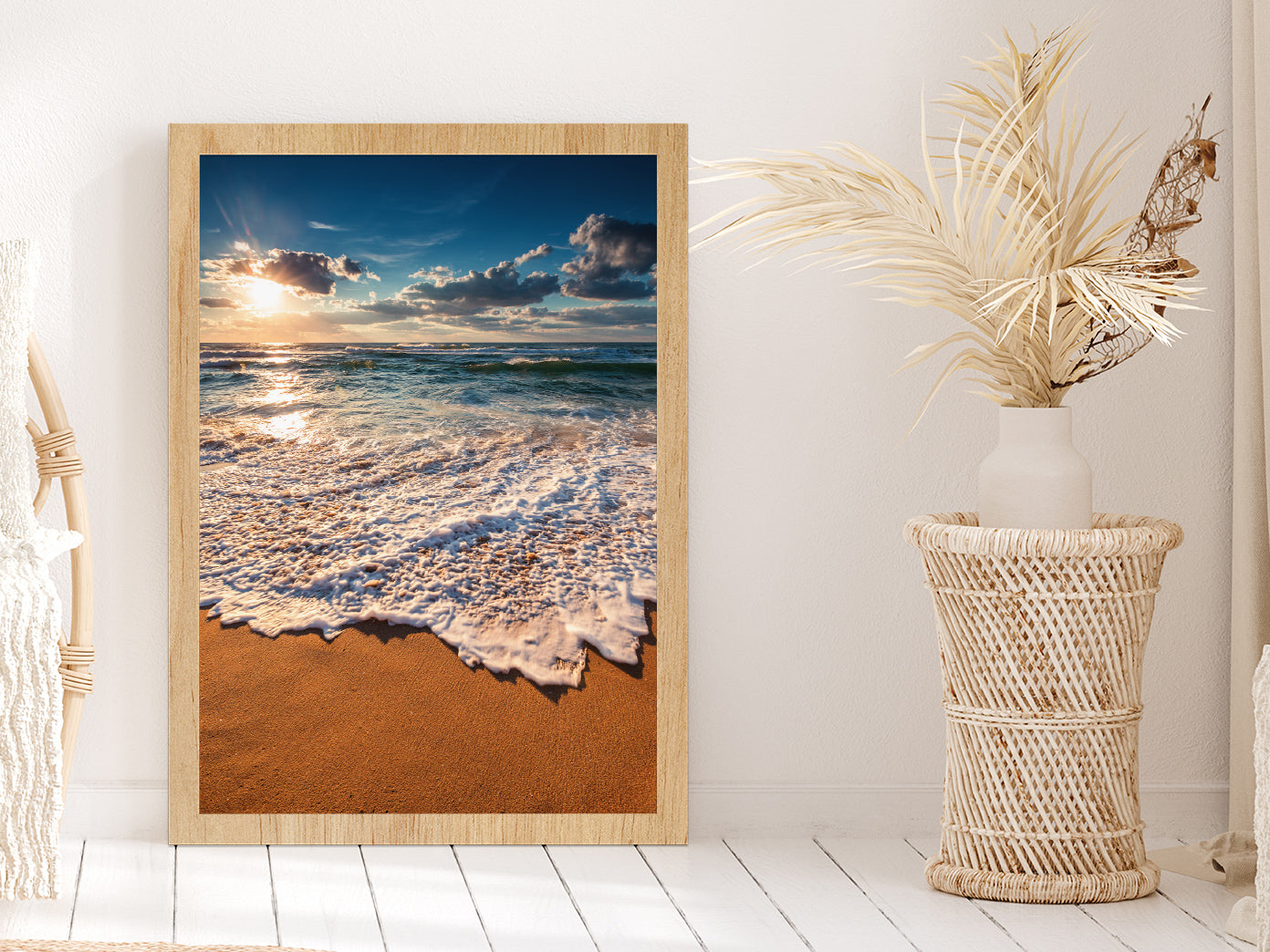 Cloudscape Over the Sea Sunrise View Photograph Glass Framed Wall Art, Ready to Hang Quality Print Without White Border Oak