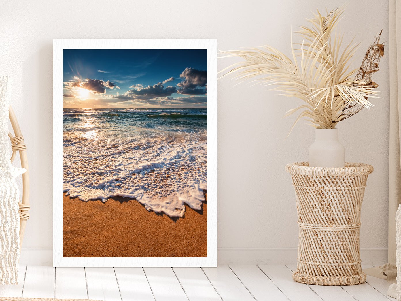 Cloudscape Over the Sea Sunrise View Photograph Glass Framed Wall Art, Ready to Hang Quality Print Without White Border White