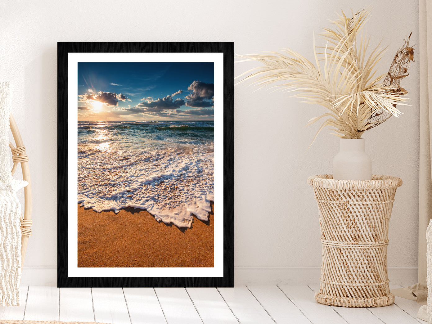 Cloudscape Over the Sea Sunrise View Photograph Glass Framed Wall Art, Ready to Hang Quality Print With White Border Black