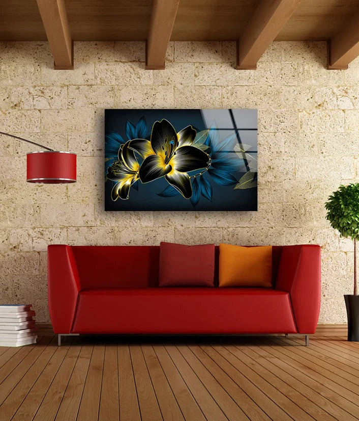 Gold & Blue Flowers UV Direct Aluminum Print Australian Made Quality