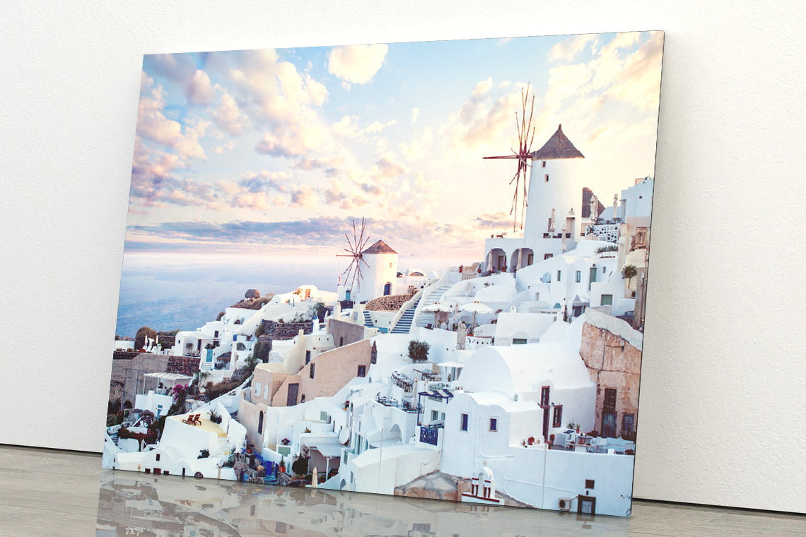 Wind Mills in Oia Town and Clouds Acrylic Glass Print Tempered Glass Wall Art 100% Made in Australia Ready to Hang