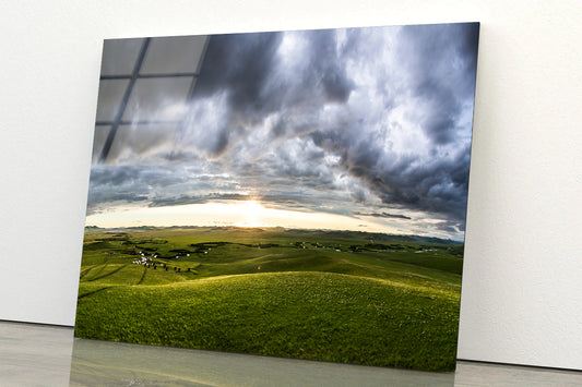 A Large Green Grassland with Clouds in the Sky Acrylic Glass Print Tempered Glass Wall Art 100% Made in Australia Ready to Hang