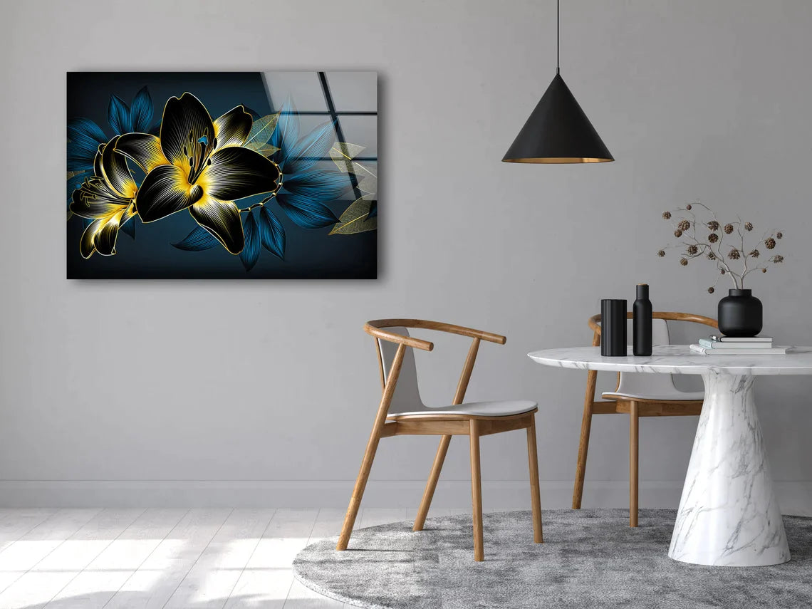 Gold & Blue Flowers UV Direct Aluminum Print Australian Made Quality