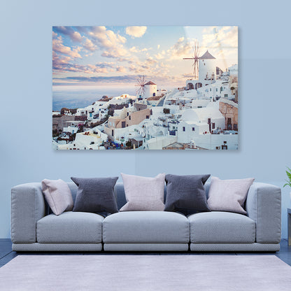 Wind Mills in Oia Town and Clouds Acrylic Glass Print Tempered Glass Wall Art 100% Made in Australia Ready to Hang