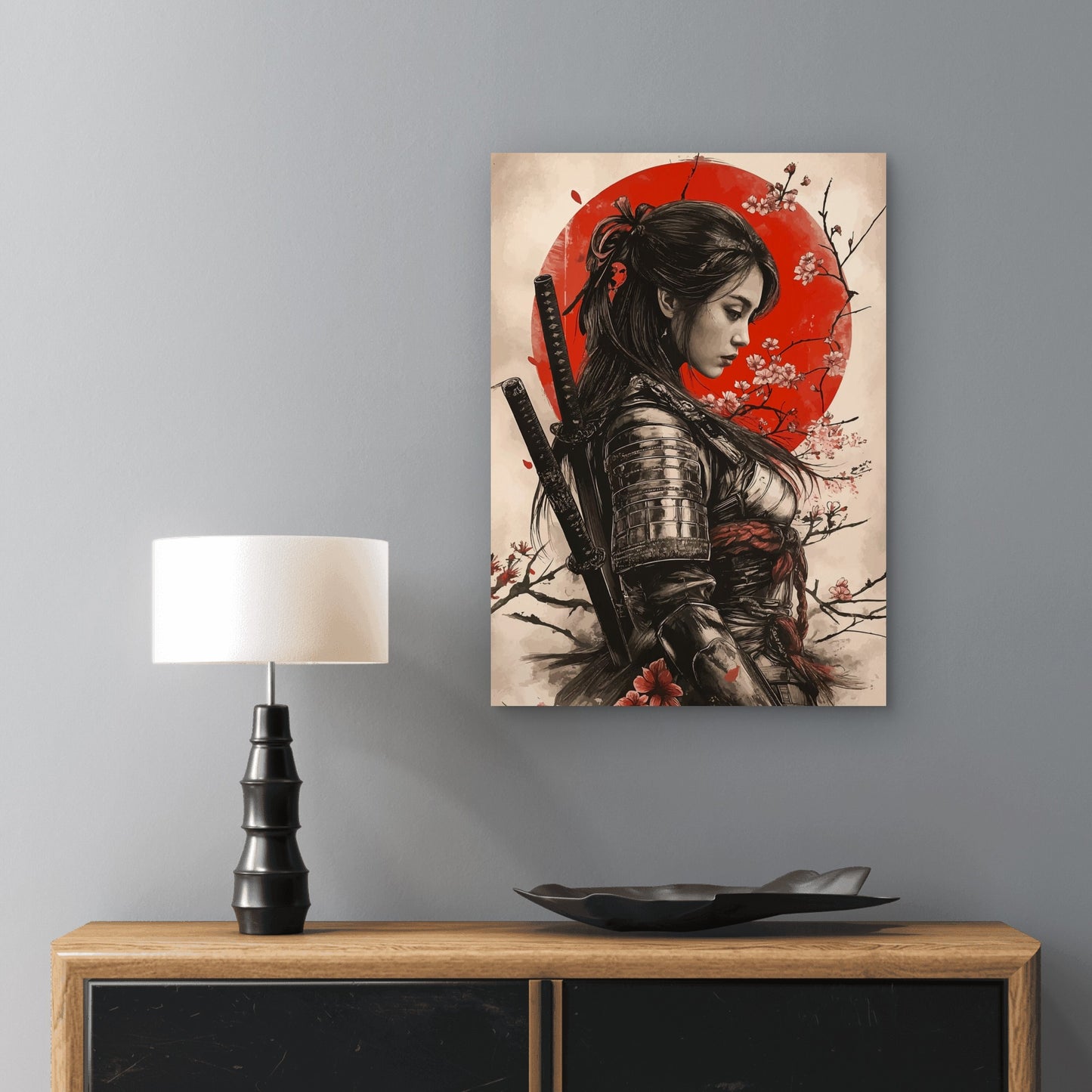 Bushido Katana Girl Red Sun Art 60x90cm Metal Print Ready to Hang