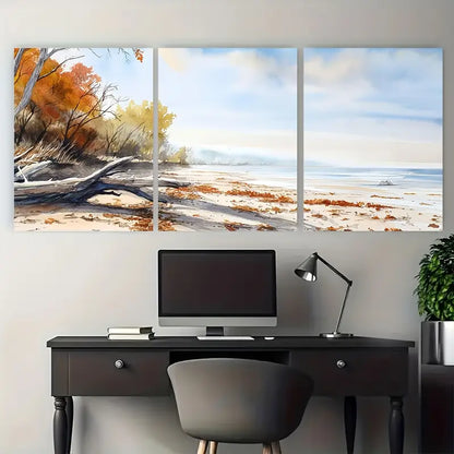 3pcs Serene Autumn Beach Fall Trees Metal Print Ready to Hang Art