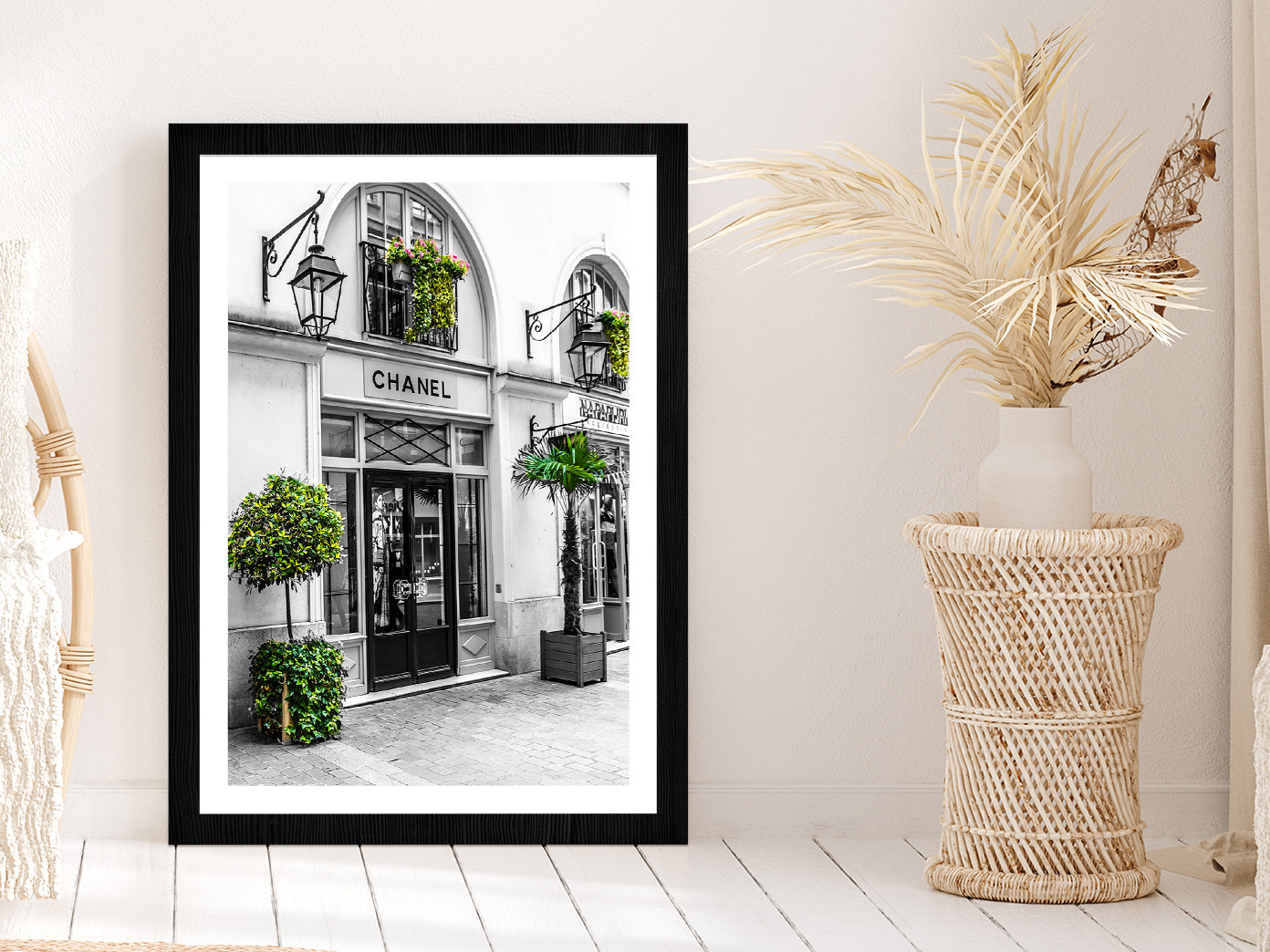 Fashion Store & Trees View Photograph Glass Framed Wall Art, Ready to Hang Quality Print With White Border Black