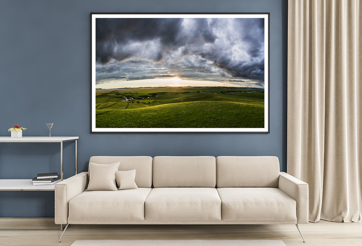 A Large Green Grassland with Clouds in the Sky Home Decor Premium Quality Poster Print Choose Your Sizes