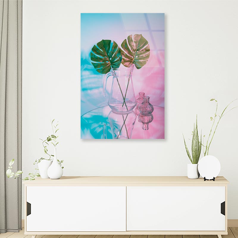 Two Green Leaves in A Clear Vase on A Table Portrait Photograph Acrylic Glass Print Tempered Glass Wall Art 100% Made in Australia Ready to Hang