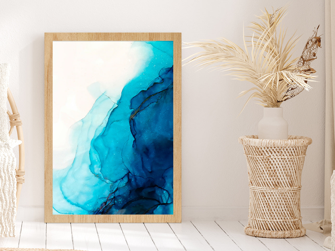 Blue & White Liquid Abstract Art Glass Framed Wall Art, Ready to Hang Quality Print Without White Border Oak