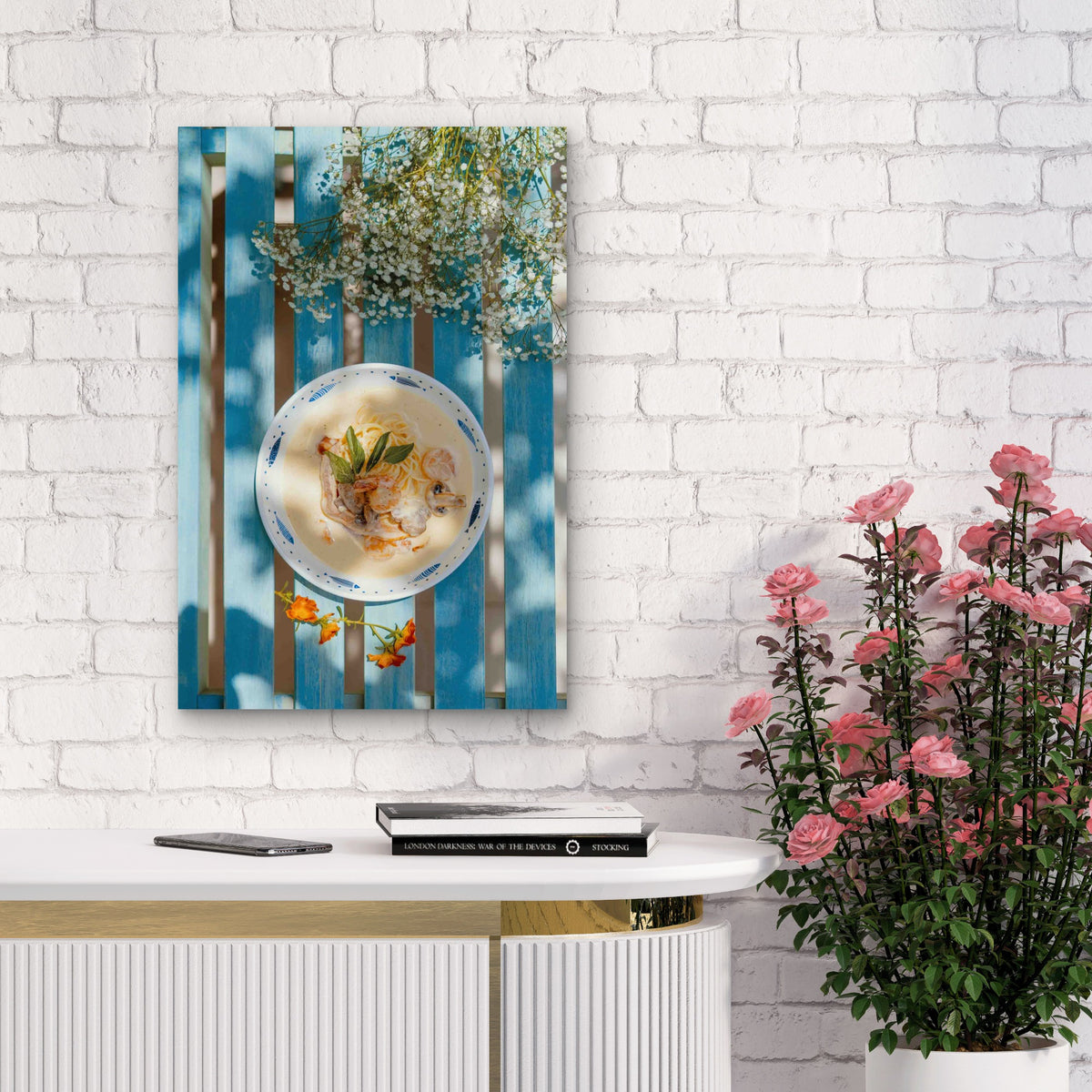 Creamy Shrimp Pasta 60x90cm Metal Print Ready to Hang