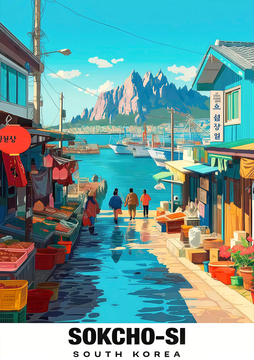 Sokchon Market Korean Coastal Cityscape Mountains & Harbour Travel Poster Print Wall Art