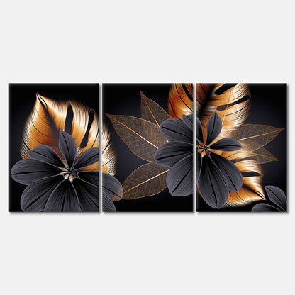 3 Set of Gold Floral Abstract High Quality Print 100% Australian Made Wall Canvas Ready to Hang