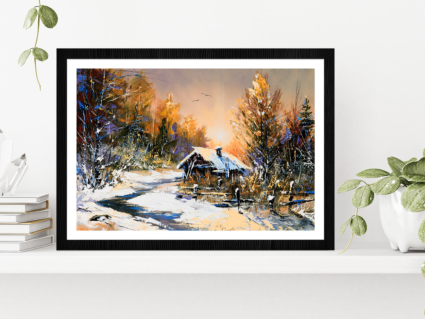 Rural Winter Landscape Autumn Painting Glass Framed Wall Art, Ready to Hang Quality Print With White Border Black