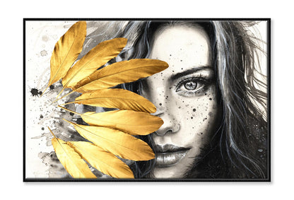 Gold Feathers Girl Wall Art Limited Edition High Quality Print Canvas Box Framed Black