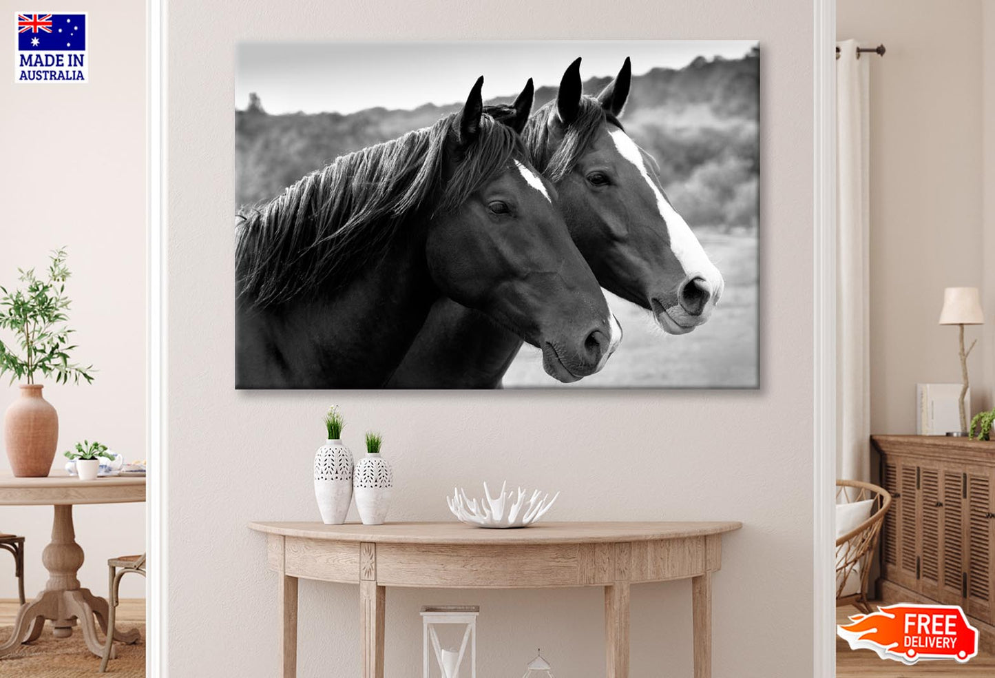 Two Horses in A Meadow B&W Wall Art Wall Art Decor 100% Australian Made