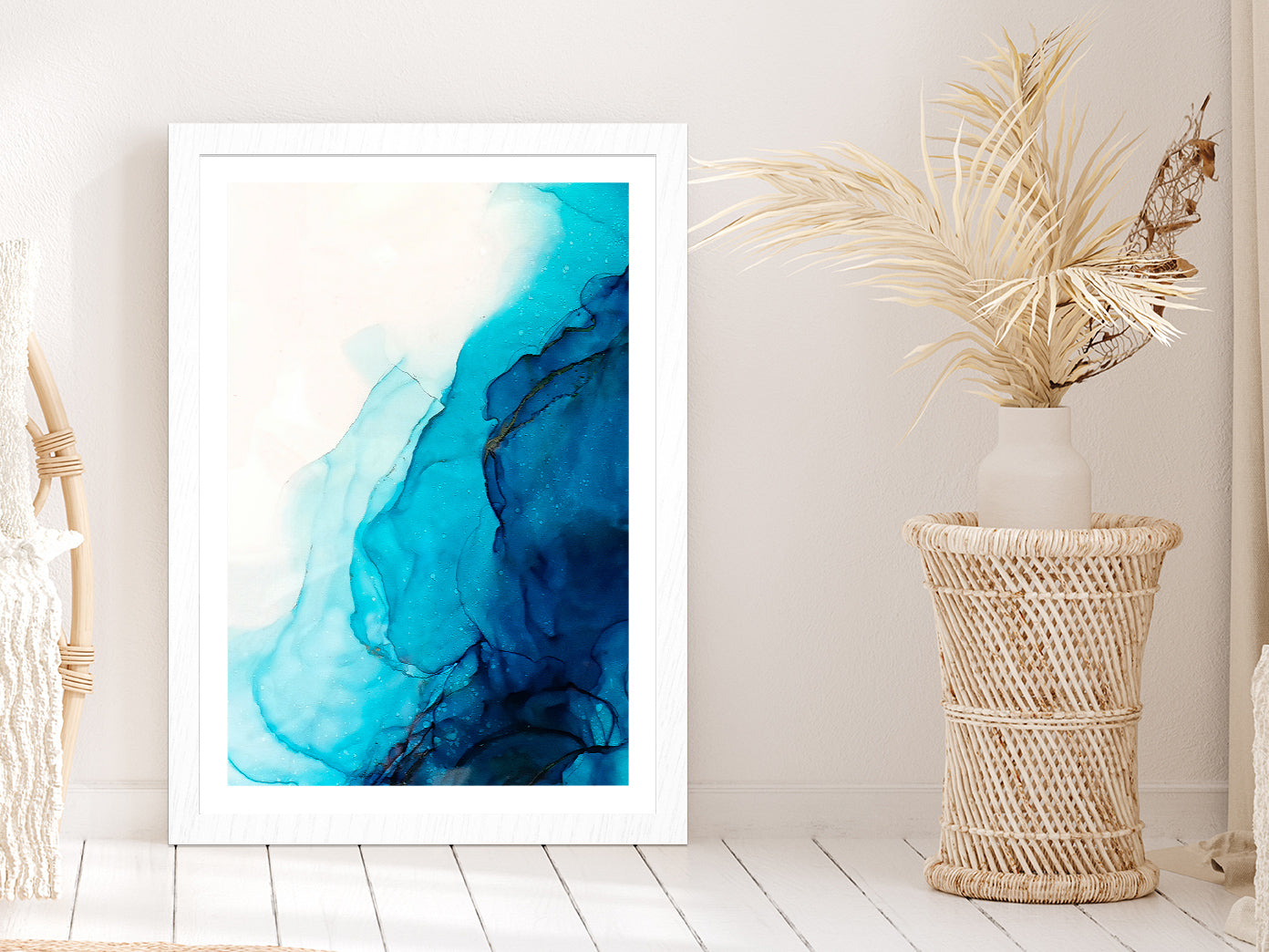 Blue & White Liquid Abstract Art Glass Framed Wall Art, Ready to Hang Quality Print With White Border White