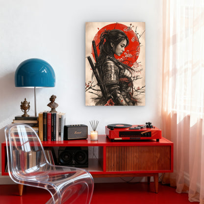 Bushido Katana Girl Red Sun Art 60x90cm Metal Print Ready to Hang