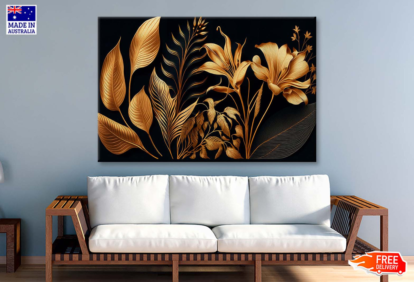 Lilly Golden Flowers & Leaf Wall Art Limited Edition High Quality Print