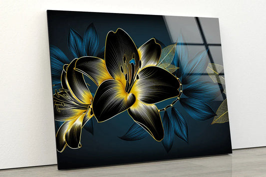 Gold & Blue Flowers UV Direct Aluminum Print Australian Made Quality