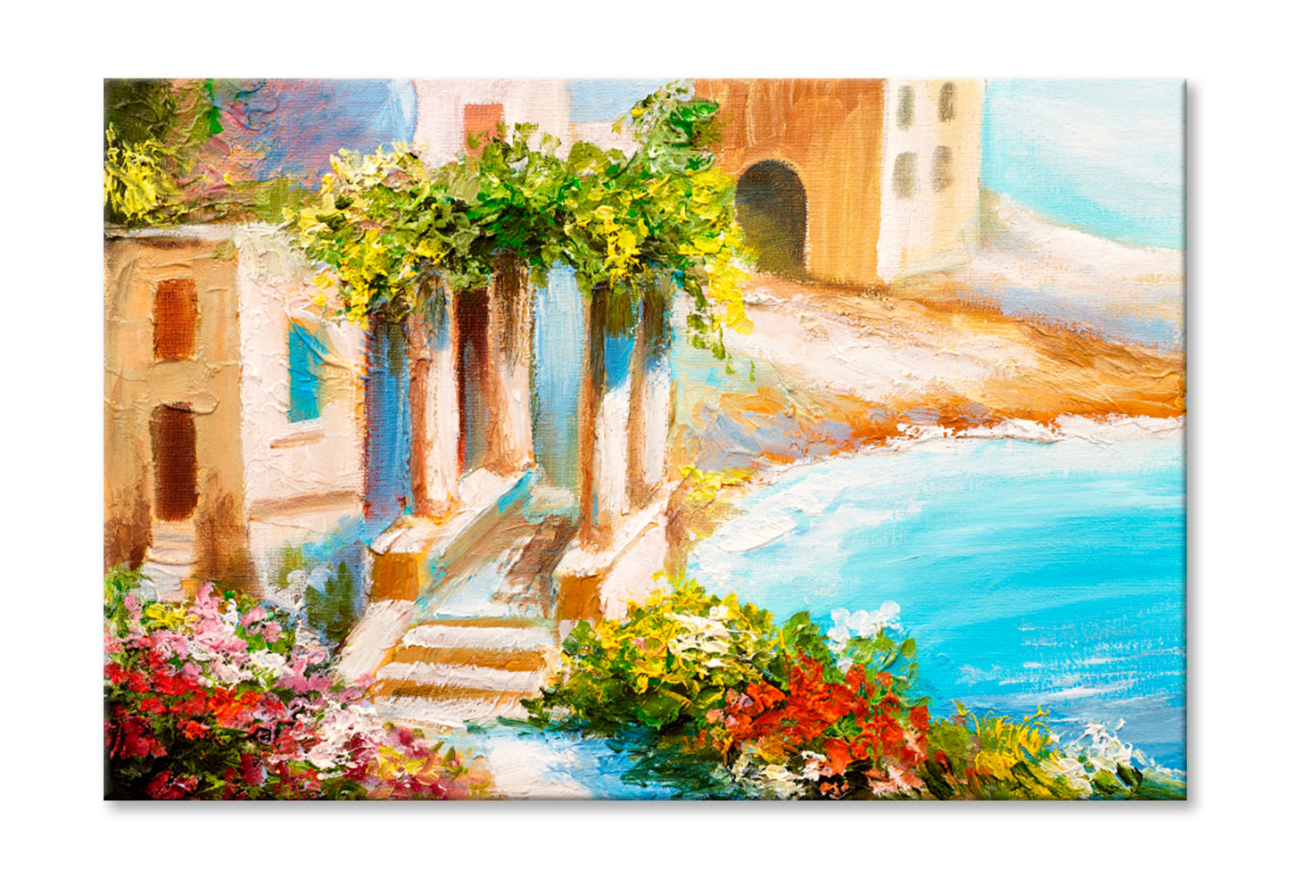 House Near The Sea, Sea Coast, Flowers Oil Painting Limited Edition High Quality Print Stretched Canvas None