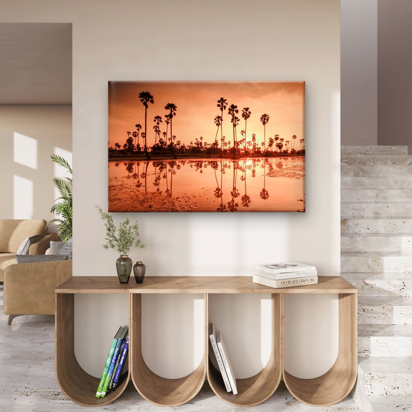 Warm Orange and Gold Sunset Silhouetting Palm Trees Reflection Wall Art Decor 100% Australian Made