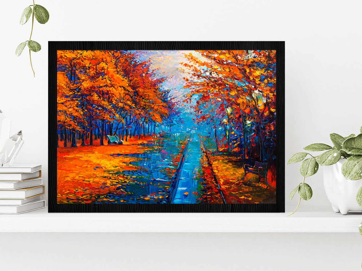 Autumn Landscape With Forest Road Glass Framed Wall Art, Ready to Hang Quality Print Without White Border Black