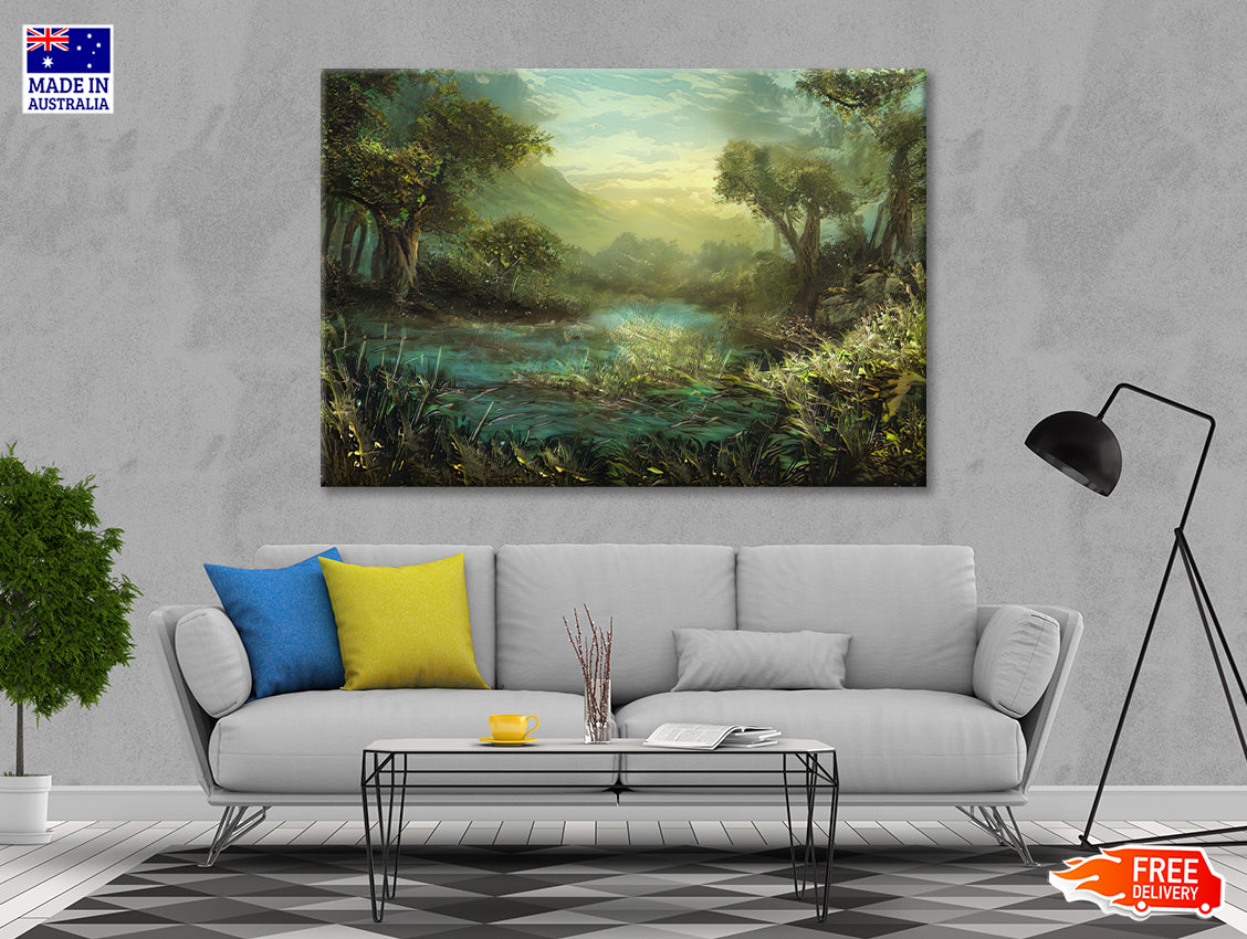 A River Surrounded By Trees and Plants Painting Print 100% Australian Made