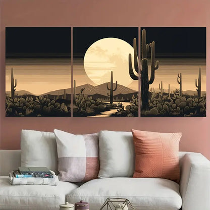 3pcs Western Cactus & Full Moon Desert Metal Print Ready to Hang Art