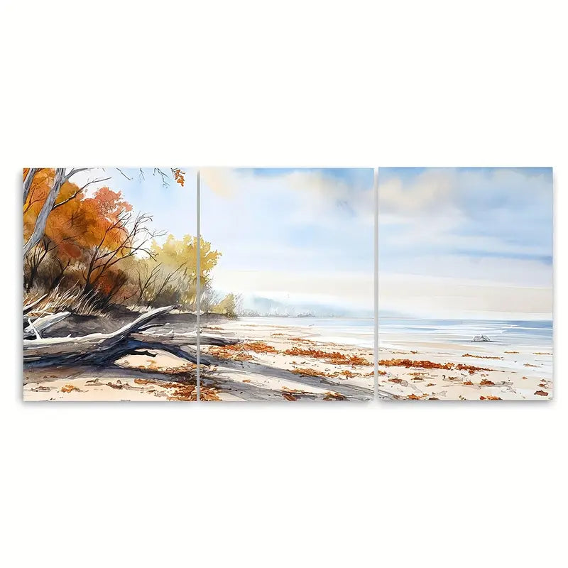 3pcs Serene Autumn Beach Fall Trees Metal Print Ready to Hang Art