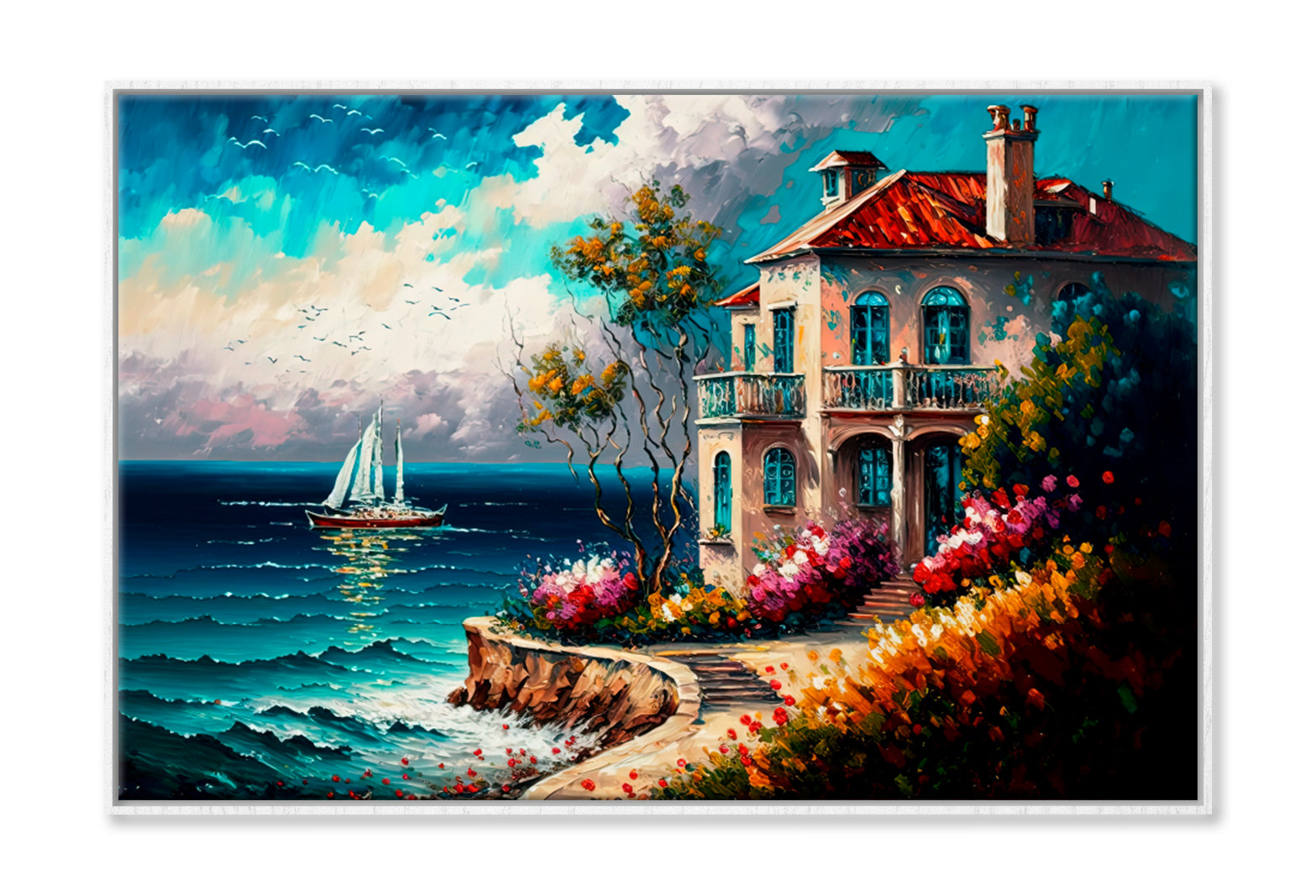 Coastal Seascape With Nobody Oil Painting Wall Art Limited Edition High Quality Print Canvas Box Framed White