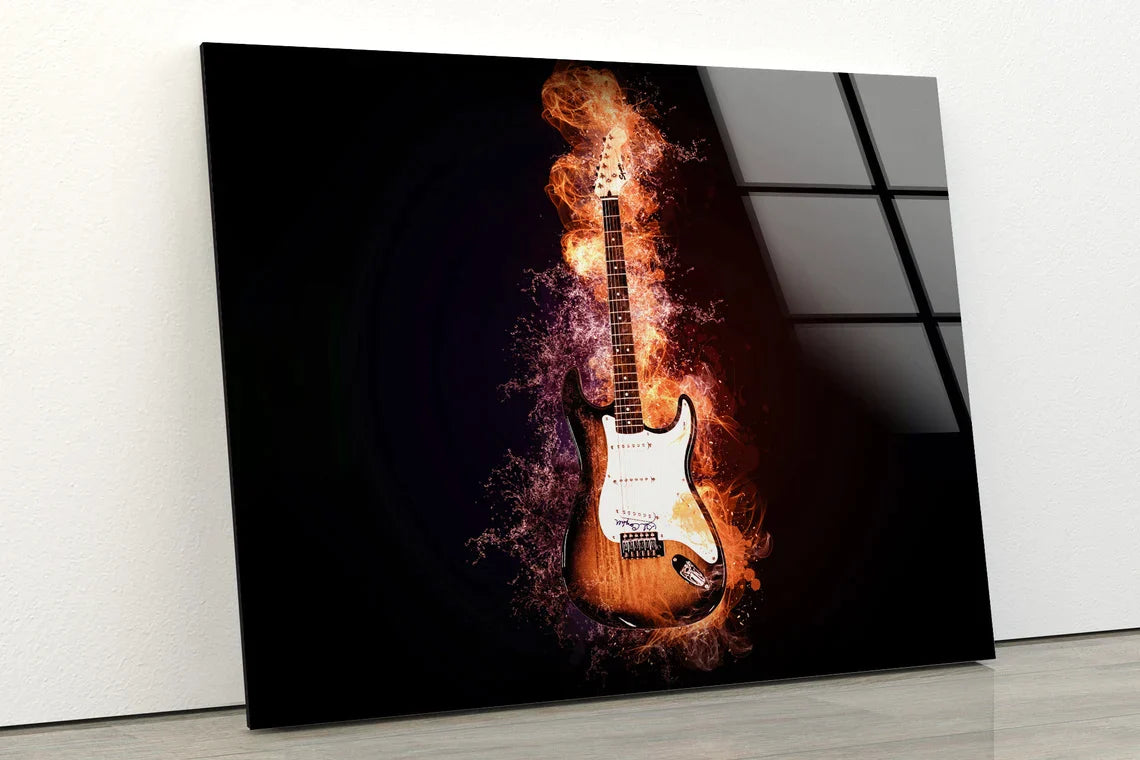 Guitar with Fire Art UV Direct Aluminum Print Australian Made Quality