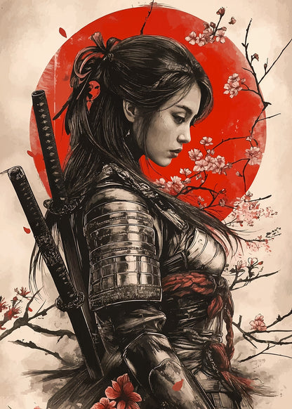 Bushido Katana Girl Red Sun Art 60x90cm Metal Print Ready to Hang