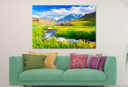 River in Meadow near Mountains  Wall Art Decor 100% Australian Made