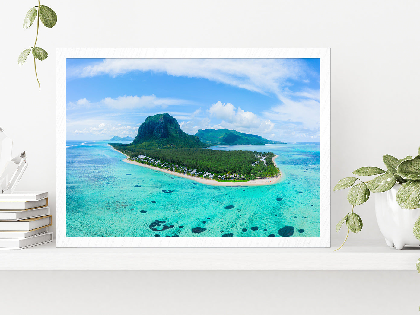 Le Morne Brabant Mountain Island Glass Framed Wall Art, Ready to Hang Quality Print Without White Border White