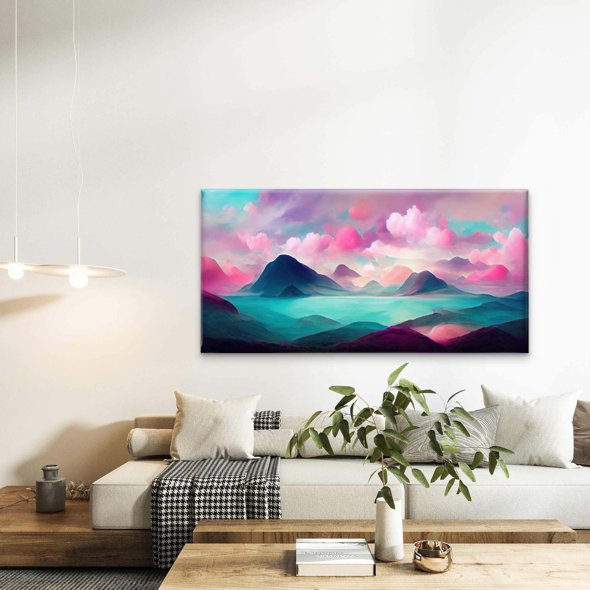 Pastel Pink Mountain Lake View Wall Art Canvas Office Home Room Framed 120x60 cm