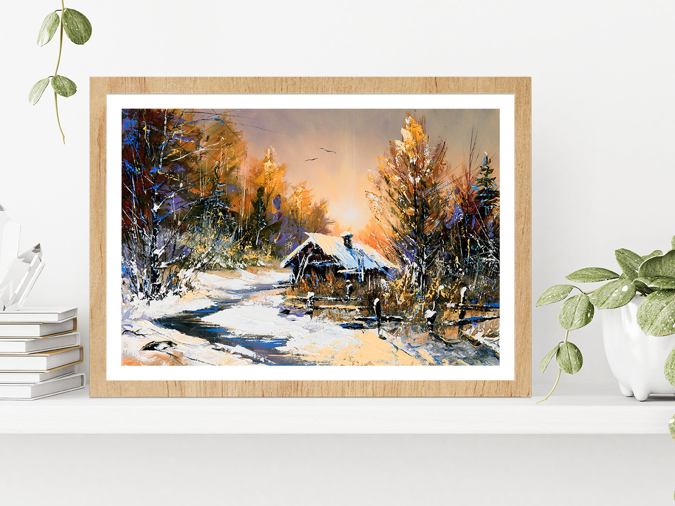 Rural Winter Landscape Autumn Painting Glass Framed Wall Art, Ready to Hang Quality Print With White Border Oak