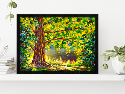 A Large Tree Lit By Sun & Sunny Forest Glass Framed Wall Art, Ready to Hang Quality Print Without White Border Black